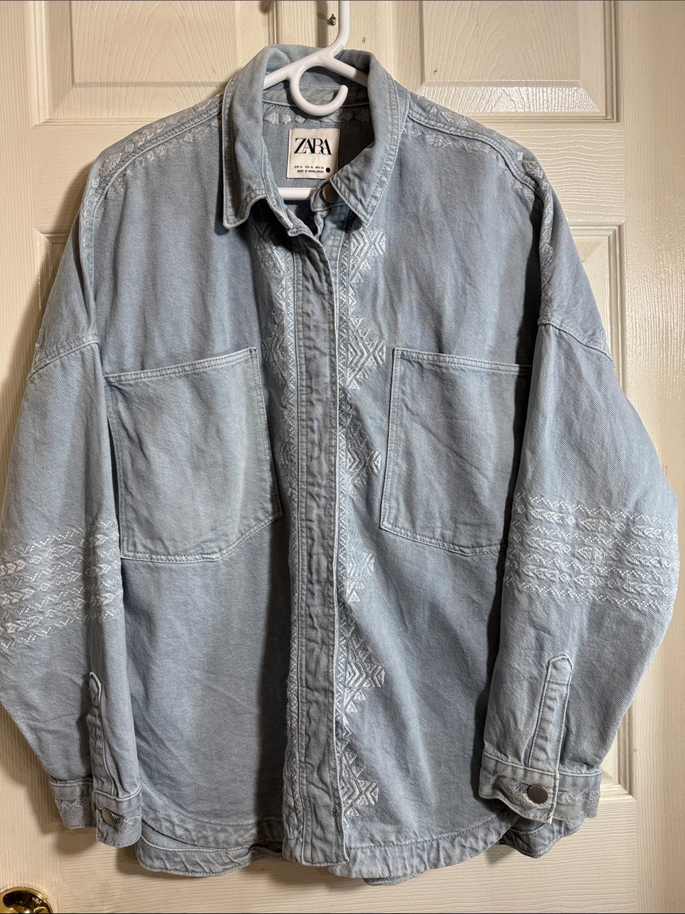 ZARA Light Blue Embroidered Denim Oversized Jacket Snap-on Button Sz XL